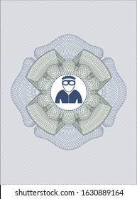 Blue and green money style emblem or rosette with thief icon inside