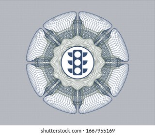 Blue and green money style emblem or rosette with traffic light icon inside