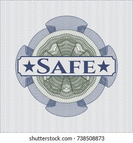 Blue and green money style emblem or rosette with text Safe inside