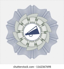 Blue and green money style rosette with megaphone icon inside