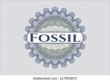 Blue and green money style rosette with text Fossil inside