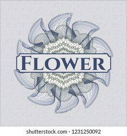 Blue and green money style rosette with text Flower inside