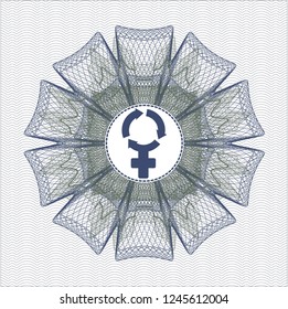 Blue and green money style rosette with women cycle icon inside