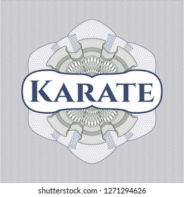 Blue and green money style rosette with text Karate inside