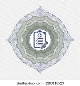 Blue and green money style rosette with clinic history icon inside