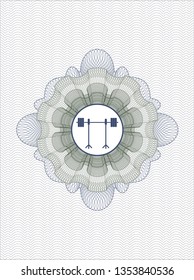 Blue and green money style rosette with barbell on rack icon inside