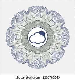 Blue and green money style rosette with sun behind cloud icon inside