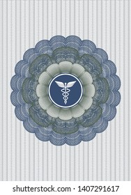 Blue and green money style rosette with medicine icon inside
