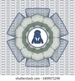 Blue and green money style rosette with businesswoman icon inside