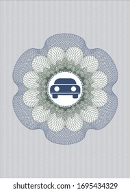 Blue and green money style rosette with car seen from front icon inside