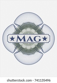 Blue and green money style rosette with text Mag inside