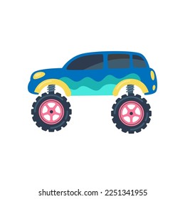 Blue and green monster truck as toy vector illustration. Childish cartoon drawing of retro race car with big wheels isolated on white background. Transport, transportation, racing concept