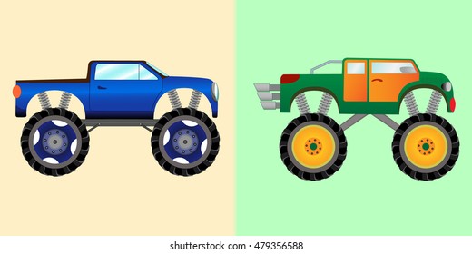 Blue and green monster trucks with a big wheels. Vector illustration