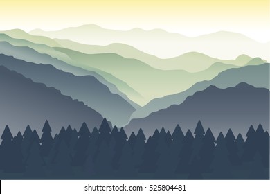 Blue and green mountains in the fog. Mountain landscape, hills, river and trees. Landscape with Mountain Peaks. The silhouettes of the mountains against the dawn. Vector illustration. Background