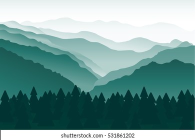 Blue and green mountains in the fog. Mountain landscape, hills, river and trees. Landscape with Mountain Peaks. The silhouettes of the mountains against the dawn. Vector illustration. Background