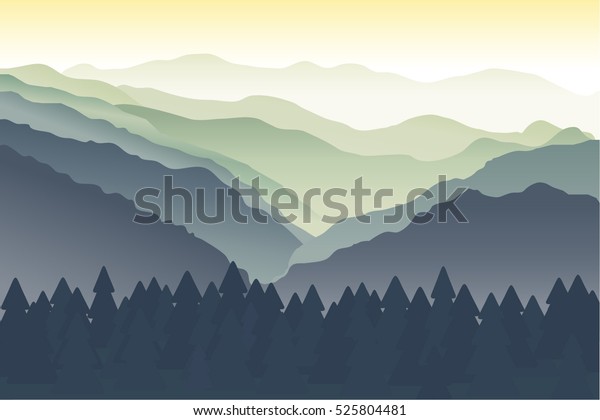 霧の中の青と緑の山 山並み 丘 川 木 山岳地帯 夜明けの山の影が浮かび上がる ベクターイラスト 背景 のベクター画像素材 ロイヤリティフリー