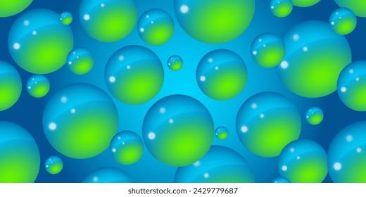Blue and green neon bubbles on a blue background. Abstract bubble background. 3d texture of liquid with blobs in y2k style. Seamless pattern. Vector illustration.