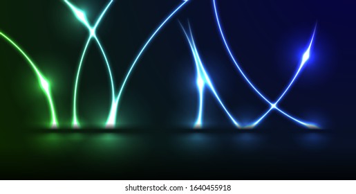 Blue green neon curved lines with reflection. Abstract waves technology retro background. Futuristic glowing vector design