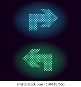 Blue and green neon dot arrow. Vector illustration of turning neon arrow consisting of many dots with backlight on the dark background