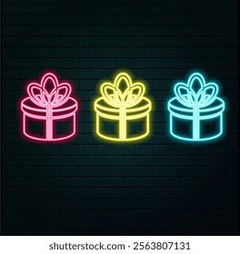 Blue and green neon gift box. Vector silhouette of neon holiday gift consisting of outlines, with backlight on the dark background.