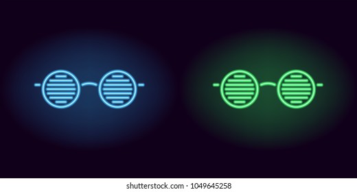 Blue and green neon glasses. Vector silhouette of neon club glasses with round lenses and rim consisting of outlines, with backlight on the dark background