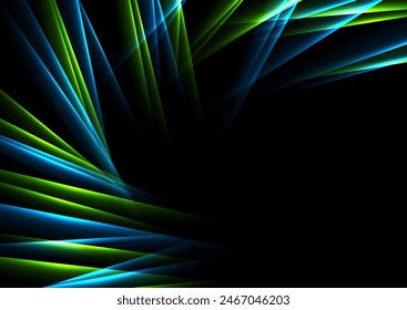 Blue green neon glowing laser lines abstract tech background. Geometric futuristic vector design