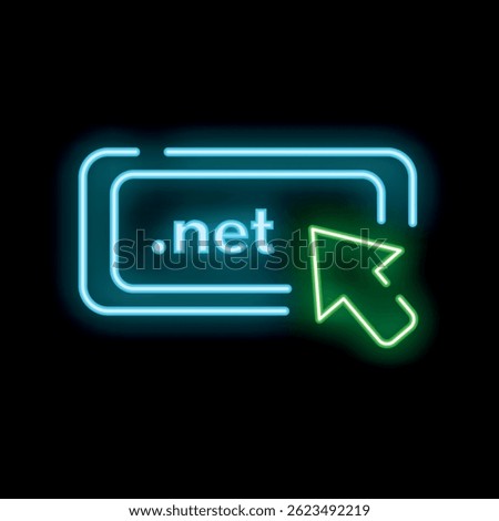 Blue and green neon icon of a computer mouse cursor clicking a .Net button on a black background