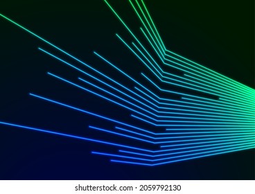 Blau-grüner Neonlaser, der gekrümmte 3D-Linien auf abstraktem technischem Hintergrund leuchtet. Vektorgrafik-Design