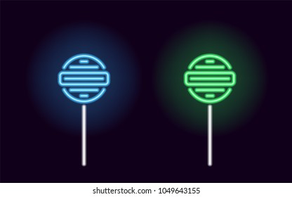 Blue and green neon lollipop. Vector silhouette of neon fruit lollipop consisting of outlines, with backlight on the dark background