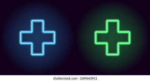 Blue and green neon medical cross. Vector silhouette of neon medical cross consisting of outline, with backlight on the dark background