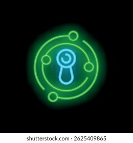 Blue and green neon sign representing a virtual reality app, with a vr headset at the center and connections surrounding it