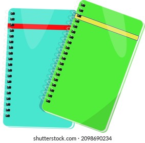 Blaues und grünes Notizbuch, Illustration, Vektorgrafik auf weißem Hintergrund.