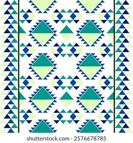 Blue and green on white background, Aztec-style seamless pattern. Tribal vector texture. Aztec background. Design for elaborate borders, wallpaper, rugs, curtains, and textiles.