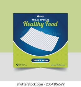 Blue, green, orange background layout template for Healthy food and drink business post design