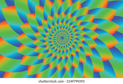 Blue green orange circular motion blur moving spin spiral optical illusion vector illustration