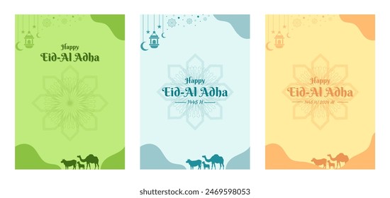 Blue, green and orange Eid al-Adha Greeting Simple Card Vector Illustration Background. Set Eid al Adha Social Media Post or poster Template. There is free space to add information. Idul adha 2024.
