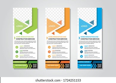 Blue, green and orange hexagon roll up business banner design vertical template vector, cover presentation abstract geometric background, modern publication display and flag, layout in rectangle