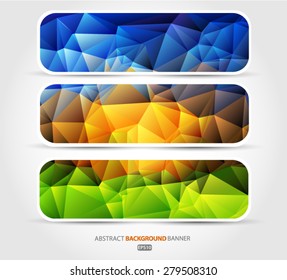 Blue, green, orange set banners geometric pattern, triangles background, polygonal design. Vector EPS 10 illustration.