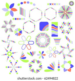 Blue, green and orange vector symbol collection over white background
