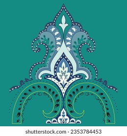 A blue and green ornamental design on a green background