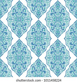 Blue and green ornamental seamless pattern. Vintage, paisley elements. Ornament. Traditional, Ethnic, Turkish, Indian motifs. Great for fabric and textile, wallpaper, packaging or any desired idea
