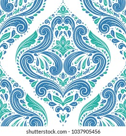 Blue and green ornamental seamless pattern. Vintage, paisley elements. Ornament. Traditional, Ethnic, Turkish, Indian motifs. Great for fabric and textile, wallpaper, packaging or any desired idea. 