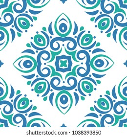 Blue and green ornamental seamless pattern. Vintage, paisley elements. Ornament. Traditional, Ethnic, Turkish, Indian motifs. Great for fabric and textile, wallpaper, packaging or any desired idea. 