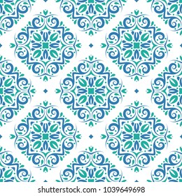Blue and green ornamental seamless pattern. Vintage, paisley elements. Ornament. Traditional, Ethnic, Turkish, Indian motifs. Great for fabric and textile, wallpaper, packaging or any desired idea. 