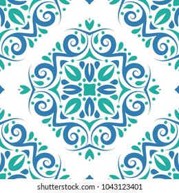 Blue and green ornamental seamless pattern. Vintage, paisley elements. Ornament. Traditional, Ethnic, Turkish, Indian motifs. Great for fabric and textile, wallpaper, packaging or any desired idea. 