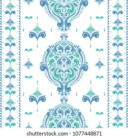 Blue and green ornamental seamless pattern. Vintage, paisley elements. Ornament. Traditional, Ethnic, Turkish, Indian motifs. Great for fabric and textile, wallpaper, packaging or any desired idea. 