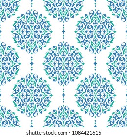 Blue and green ornamental seamless pattern. Vintage, paisley elements. Ornament. Traditional, Ethnic, Turkish, Indian motifs. Great for fabric and textile, wallpaper, packaging or any desired idea. 