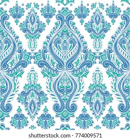 Blue and green ornamental seamless pattern. Vintage, paisley elements. Ornament. Traditional, Ethnic, Turkish, Indian motifs. Great for fabric and textile, wallpaper, packaging or any desired idea. 