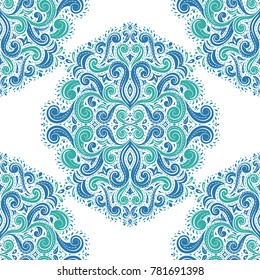 Blue and green ornamental seamless pattern. Vintage, paisley elements. Ornament. Traditional, Ethnic, Turkish, Indian motifs. Great for fabric and textile, wallpaper, packaging or any desired idea. 