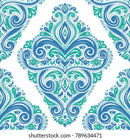 Blue and green ornamental seamless pattern. Vintage, paisley elements. Ornament. Traditional, Ethnic, Turkish, Indian motifs. Great for fabric and textile, wallpaper, packaging or any desired idea. 